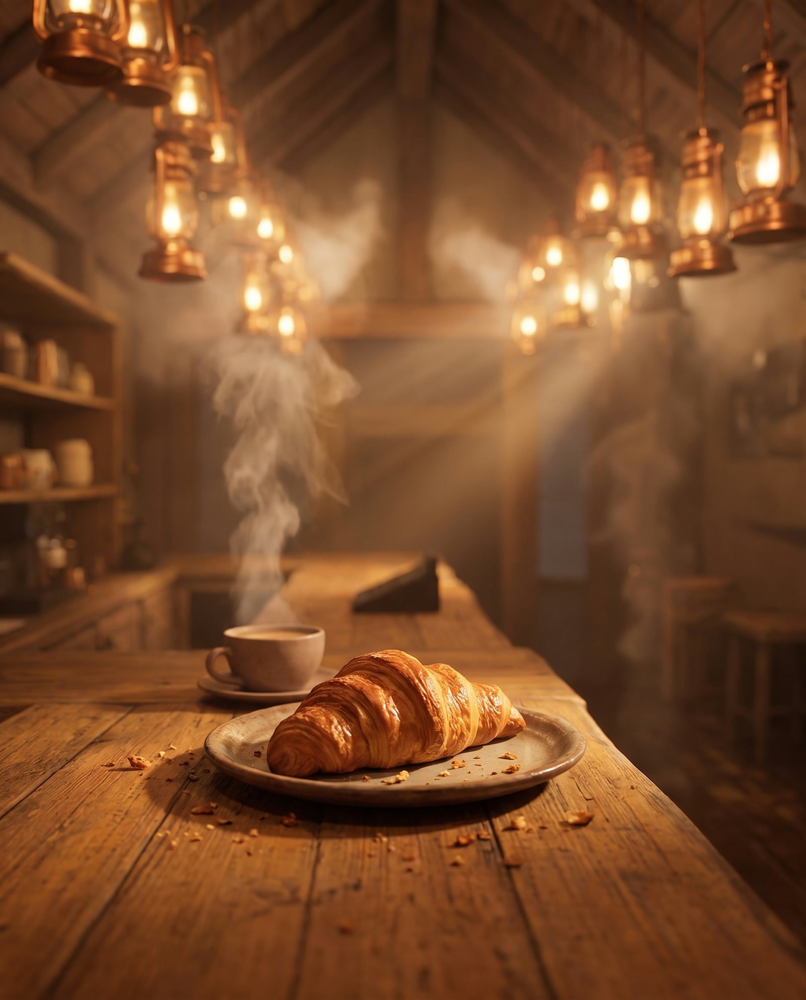 Croissant doré sur une petite assiette en céramique